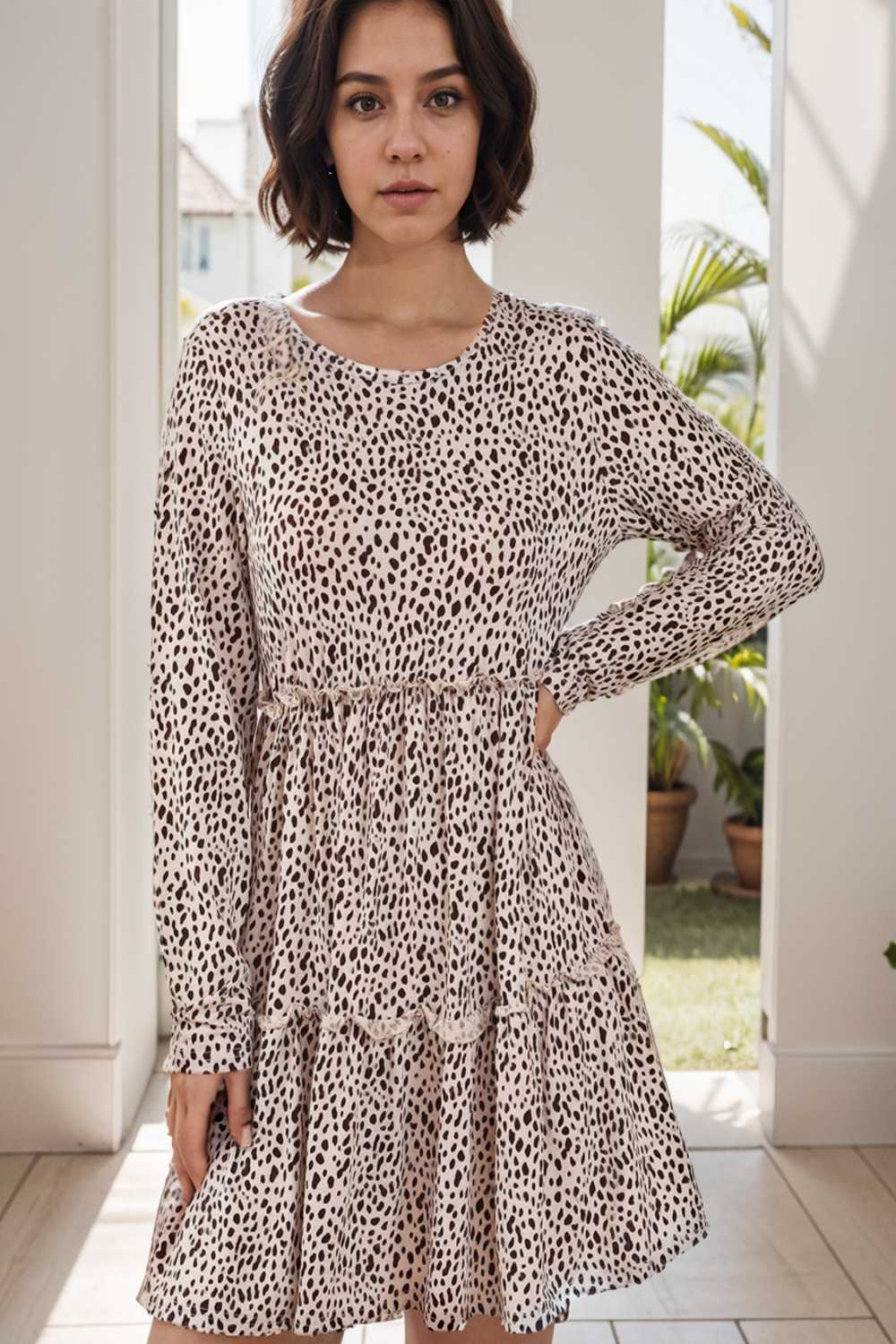 loose leopard print v neck dress drop shoulder a line closed cape paneled 130065