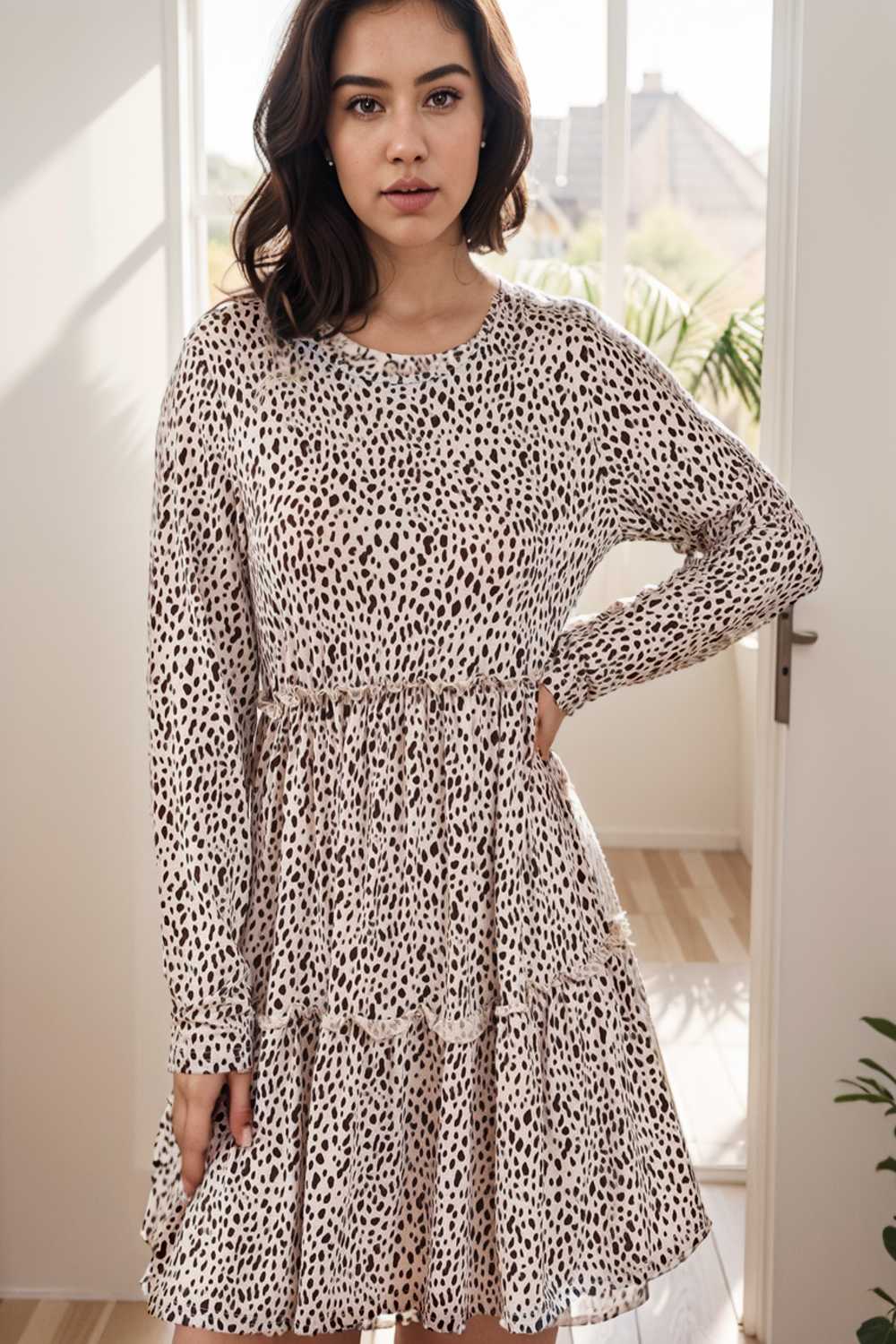loose leopard print v neck dress drop shoulder a line closed cape paneled 112819