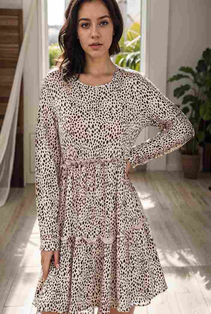 loose leopard print v neck dress drop shoulder a line closed cape paneled 131195