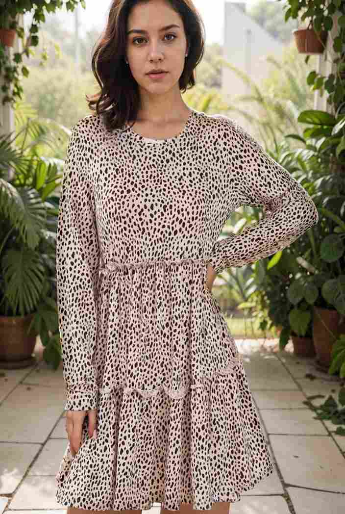 loose leopard print v neck dress drop shoulder a line closed cape paneled 118819