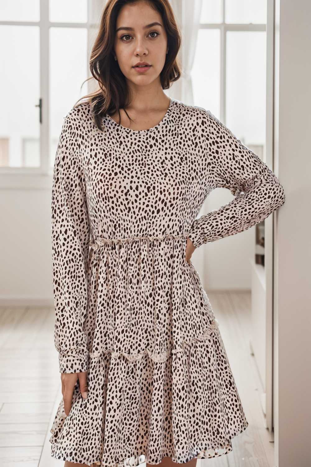 loose leopard print v neck dress drop shoulder a line closed cape paneled 133207