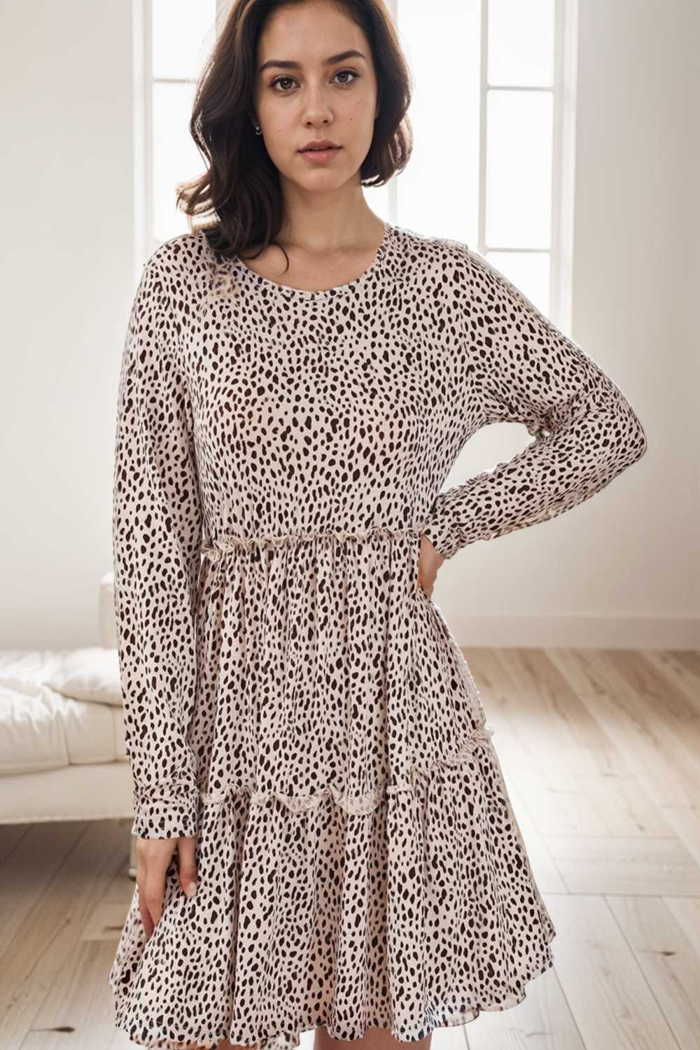 loose leopard print v neck dress drop shoulder a line closed cape paneled 129666