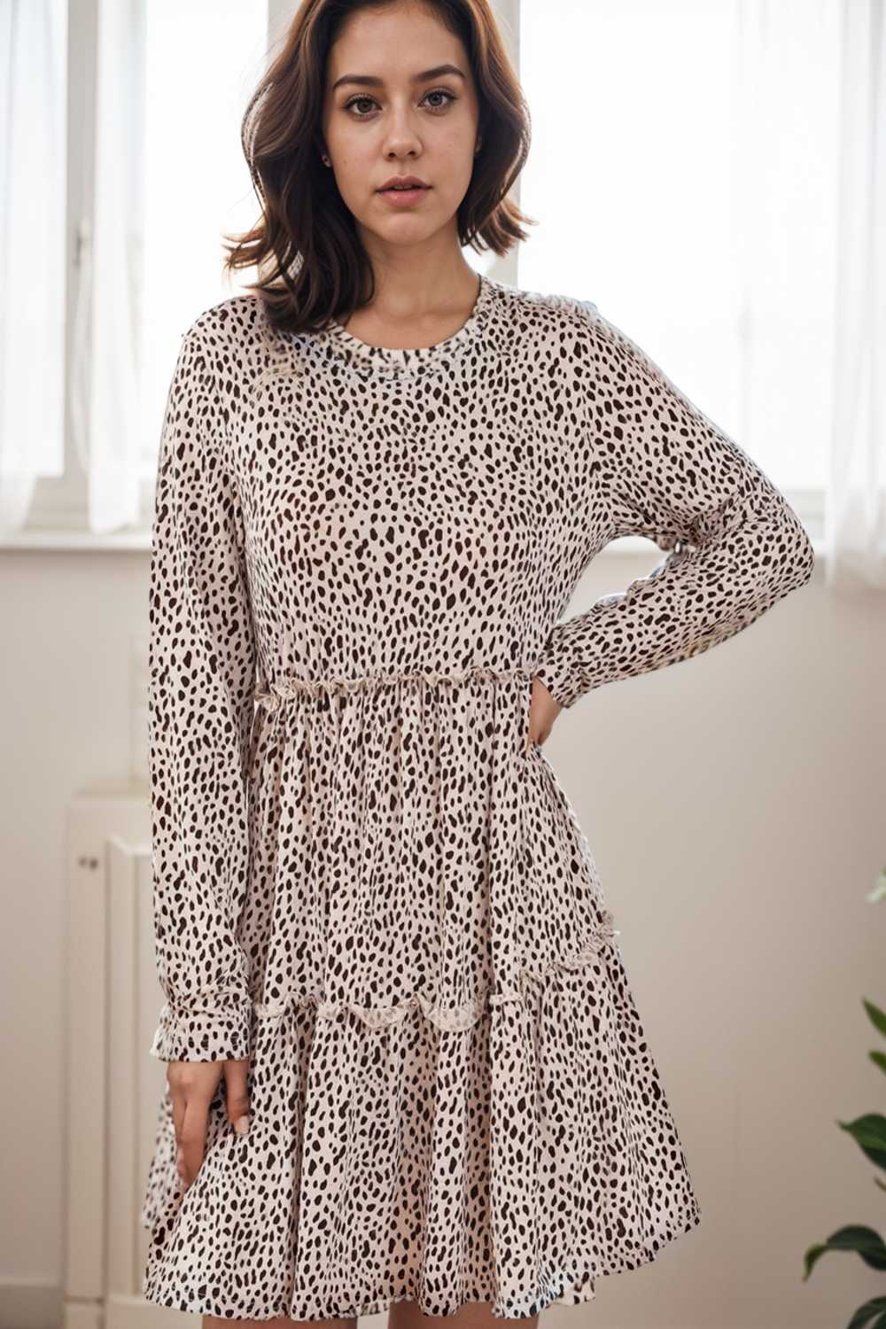 loose leopard print v neck dress drop shoulder a line closed cape paneled 118076