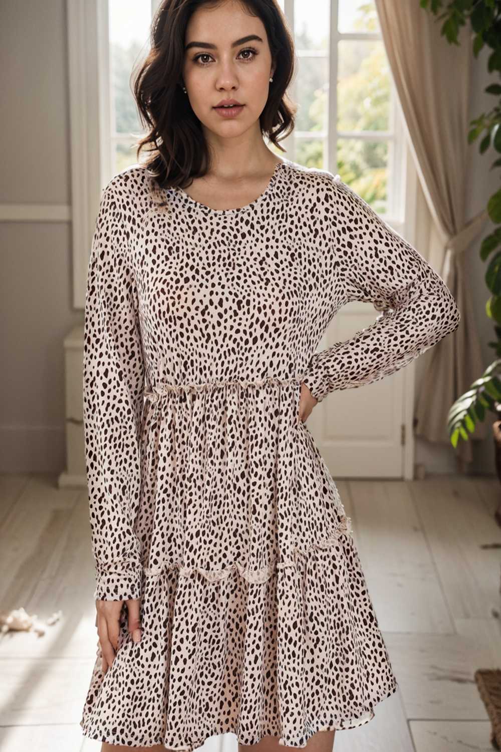 loose leopard print v neck dress drop shoulder a line closed cape paneled 127562