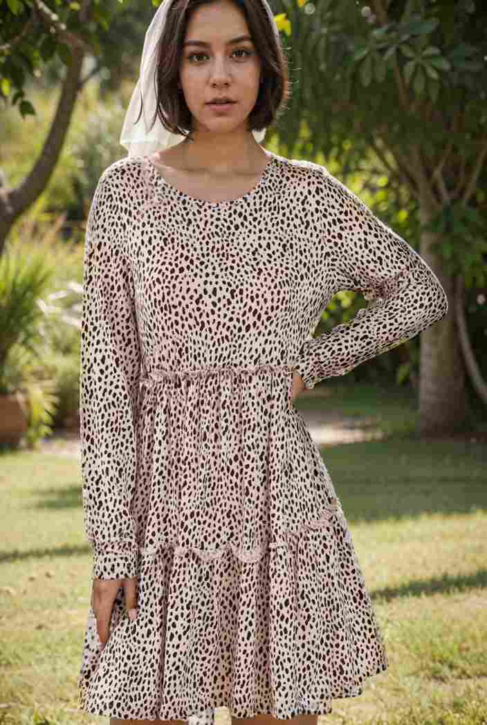 loose leopard print v neck dress drop shoulder a line closed cape paneled 118818