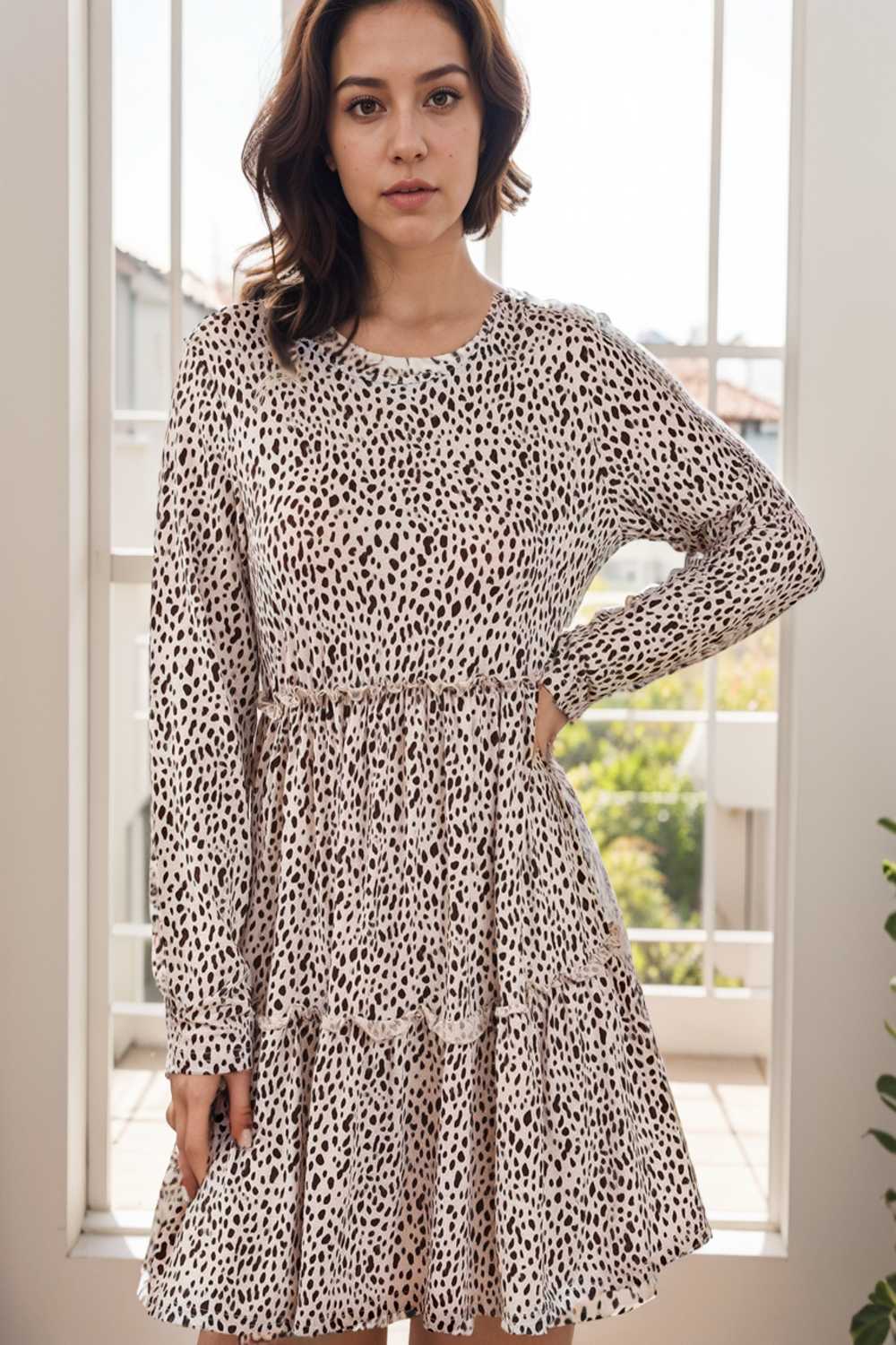 loose leopard print v neck dress drop shoulder a line closed cape paneled 133206