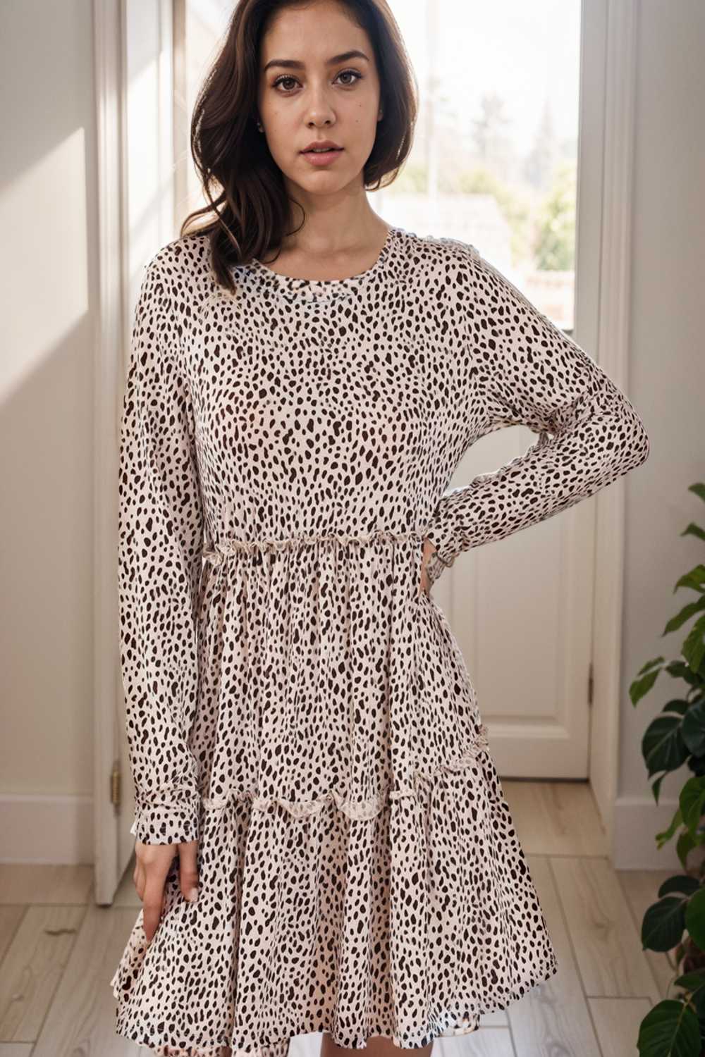loose leopard print v neck dress drop shoulder a line closed cape paneled 118075