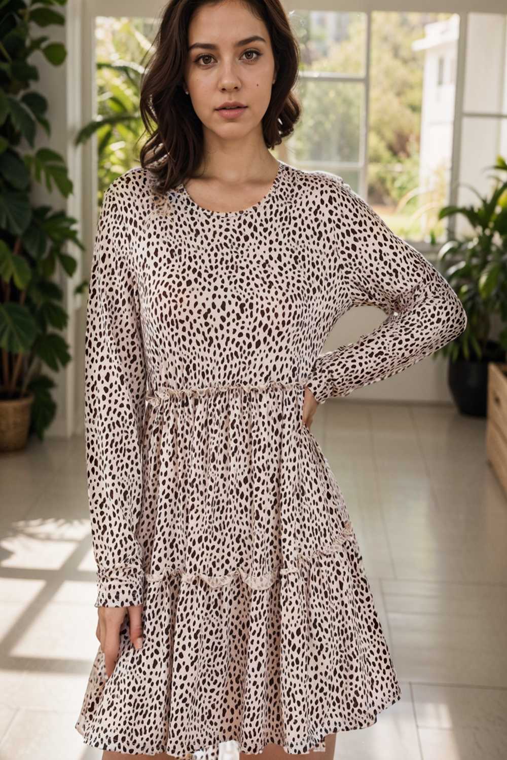 loose leopard print v neck dress drop shoulder a line closed cape paneled 133205