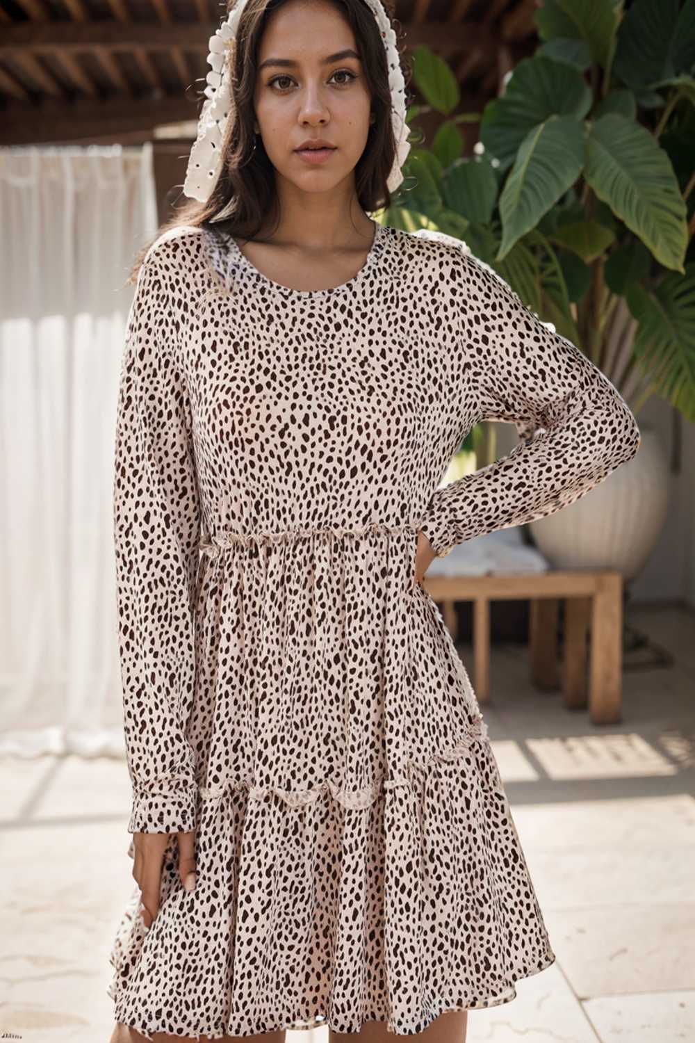 loose leopard print v neck dress drop shoulder a line closed cape paneled 118074