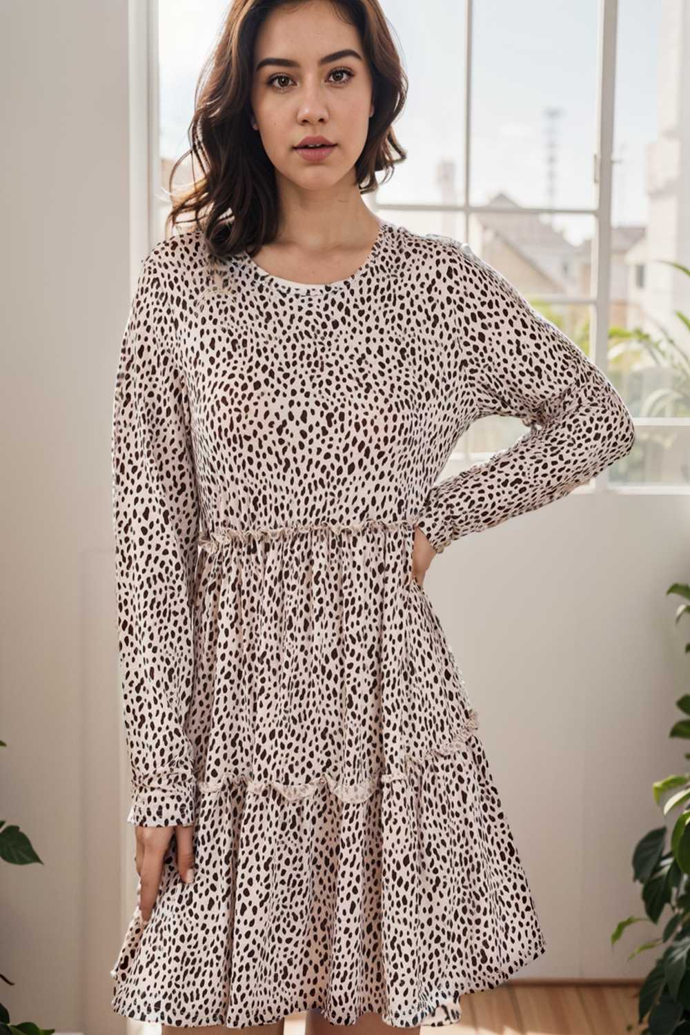 loose leopard print v neck dress drop shoulder a line closed cape paneled 143604