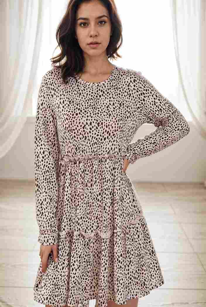 loose leopard print v neck dress drop shoulder a line closed cape paneled 118817