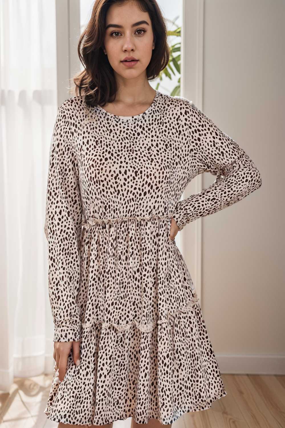 loose leopard print v neck dress drop shoulder a line closed cape paneled 143603
