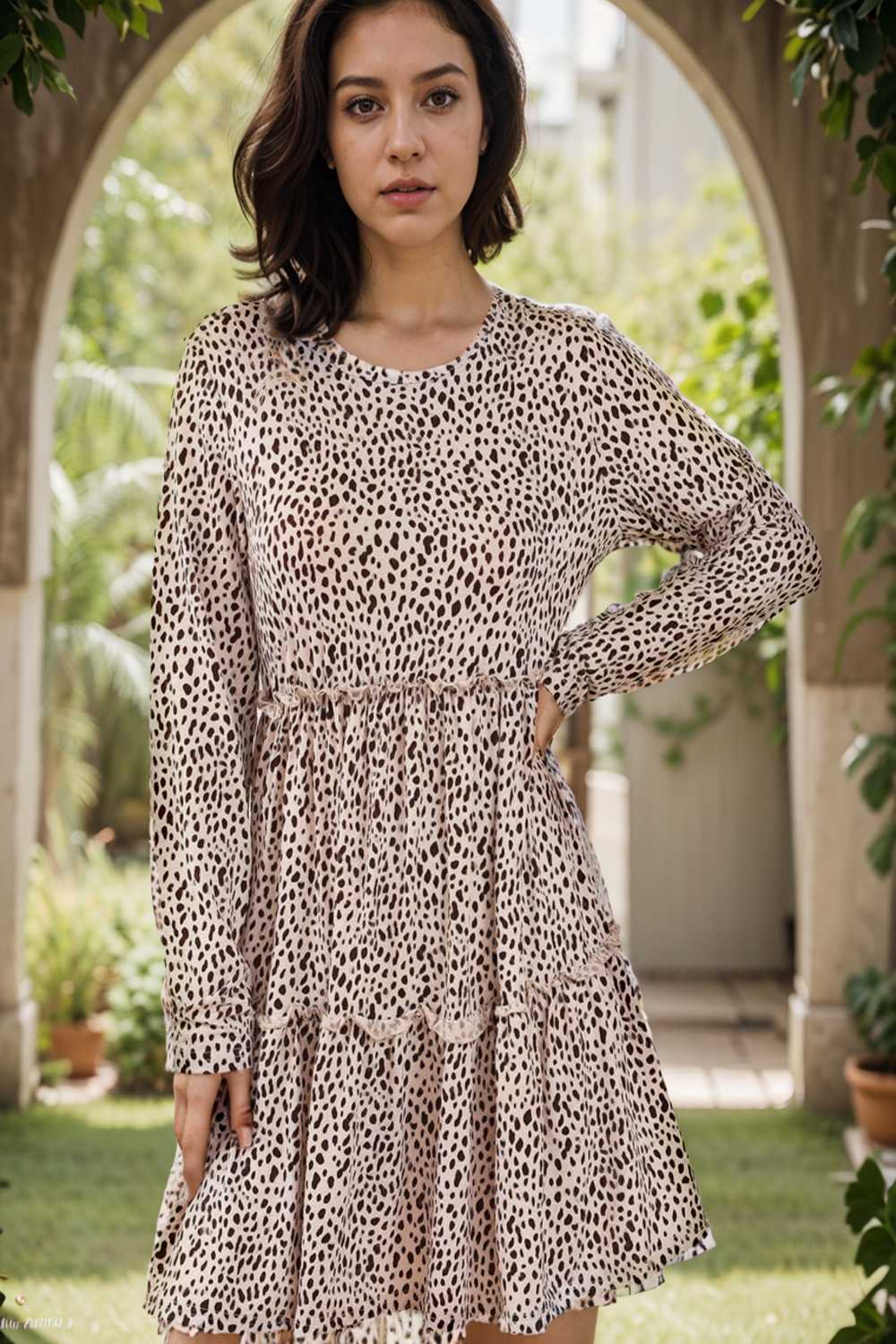 loose leopard print v neck dress drop shoulder a line closed cape paneled 133204