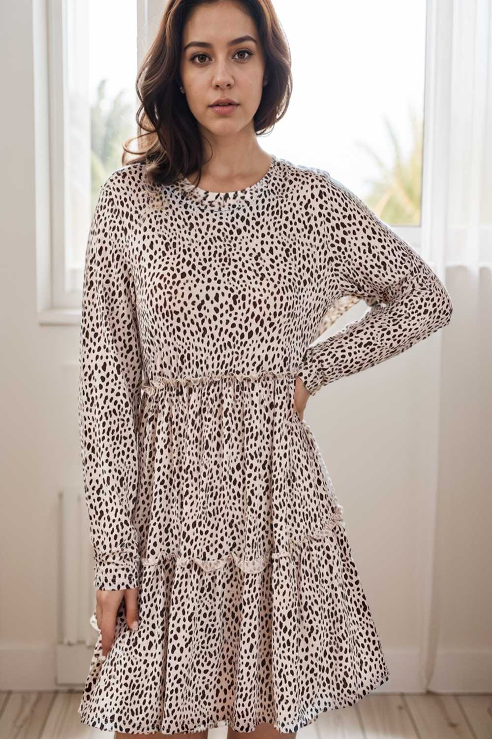 loose leopard print v neck dress drop shoulder a line closed cape paneled 118073