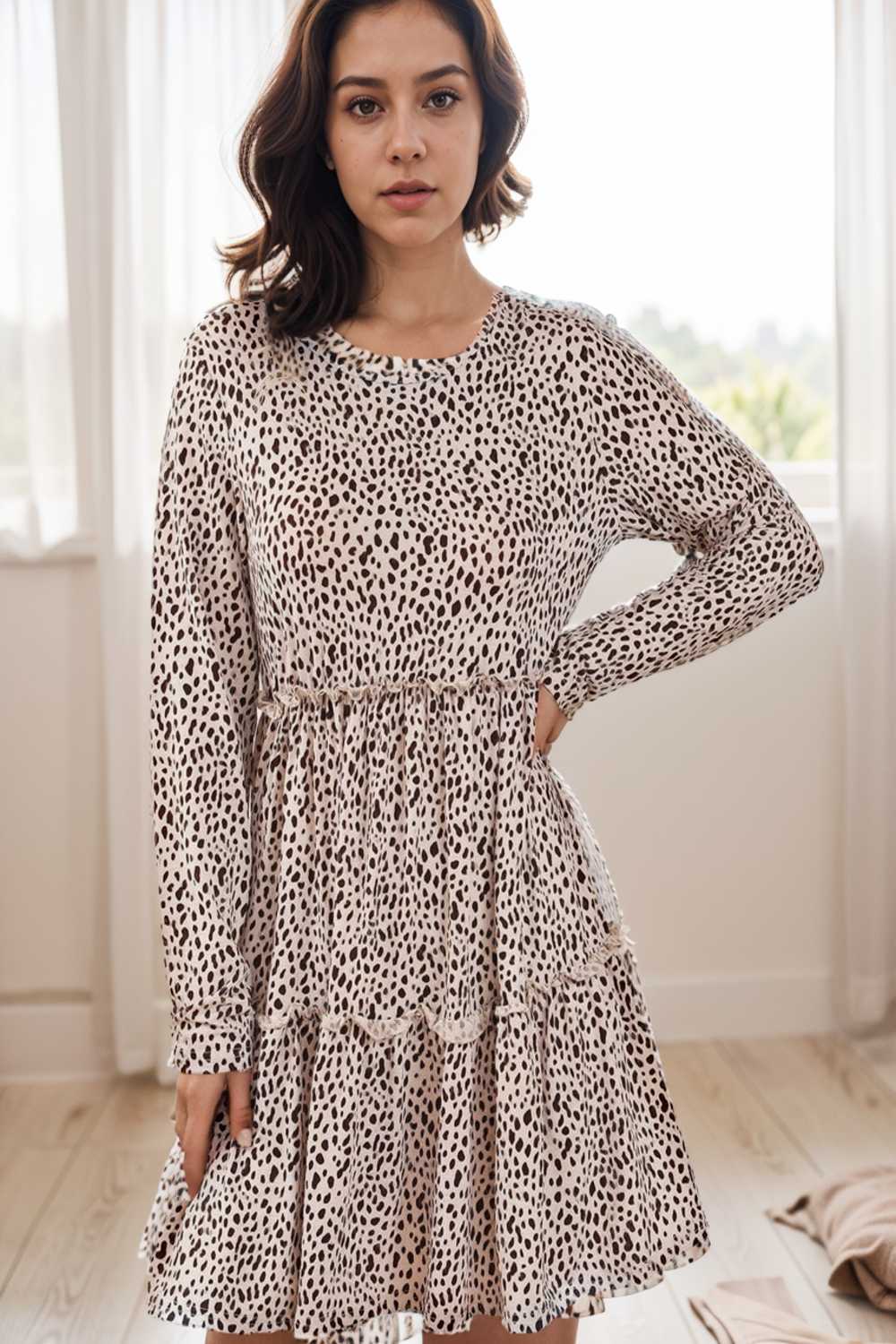 loose leopard print v neck dress drop shoulder a line closed cape paneled 133203