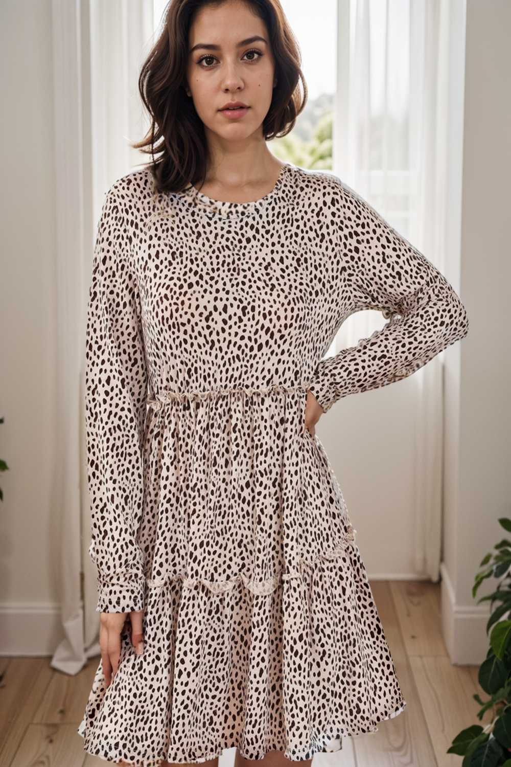 loose leopard print v neck dress drop shoulder a line closed cape paneled 118072