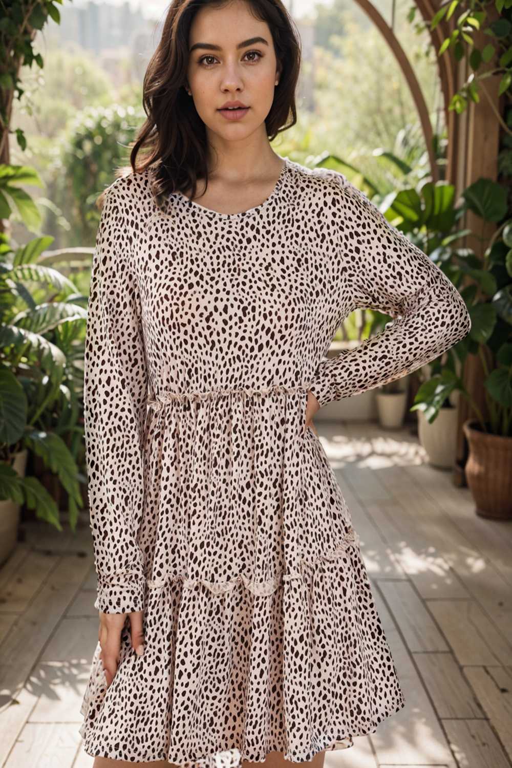 loose leopard print v neck dress drop shoulder a line closed cape paneled 127202