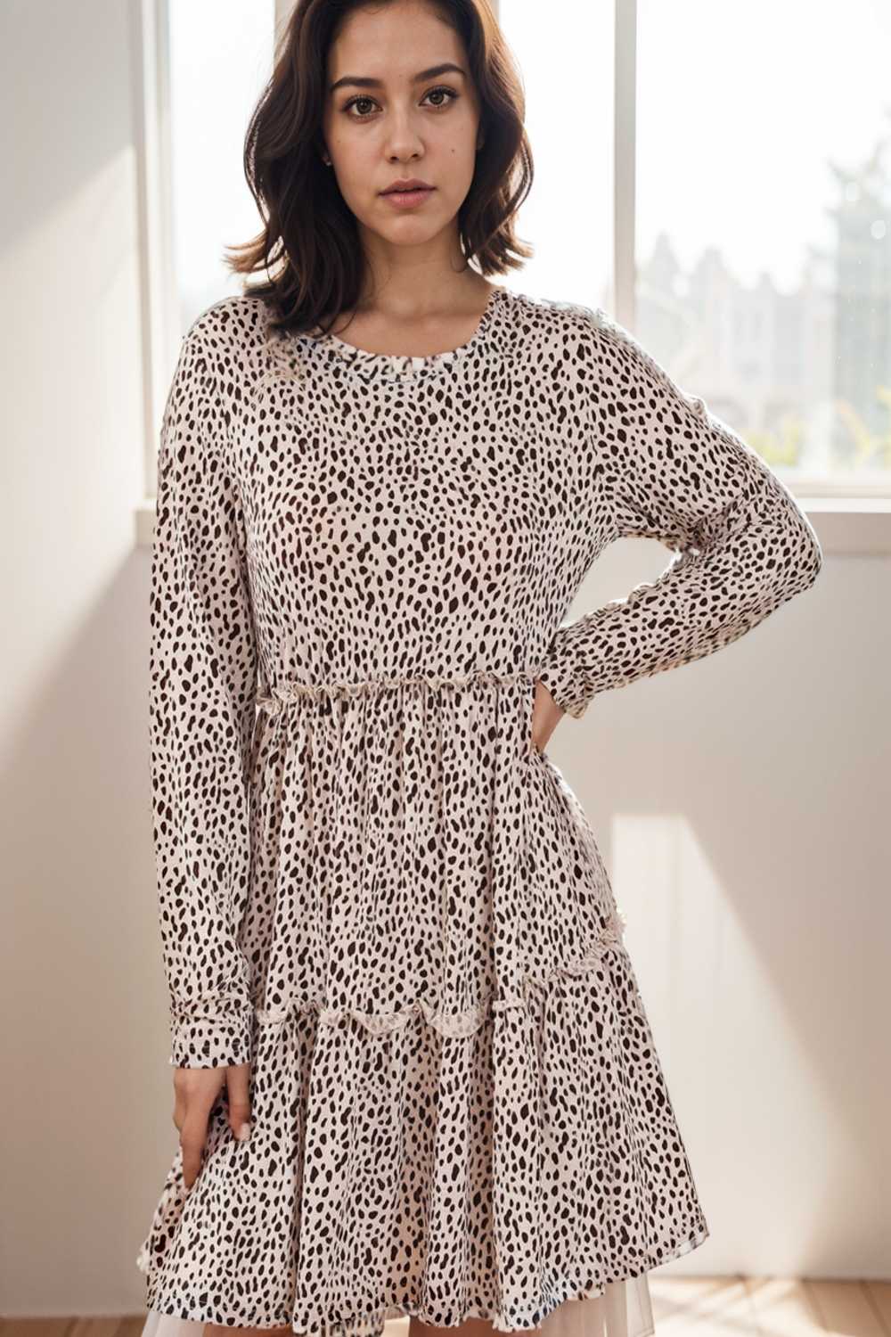 loose leopard print v neck dress drop shoulder a line closed cape paneled 118071