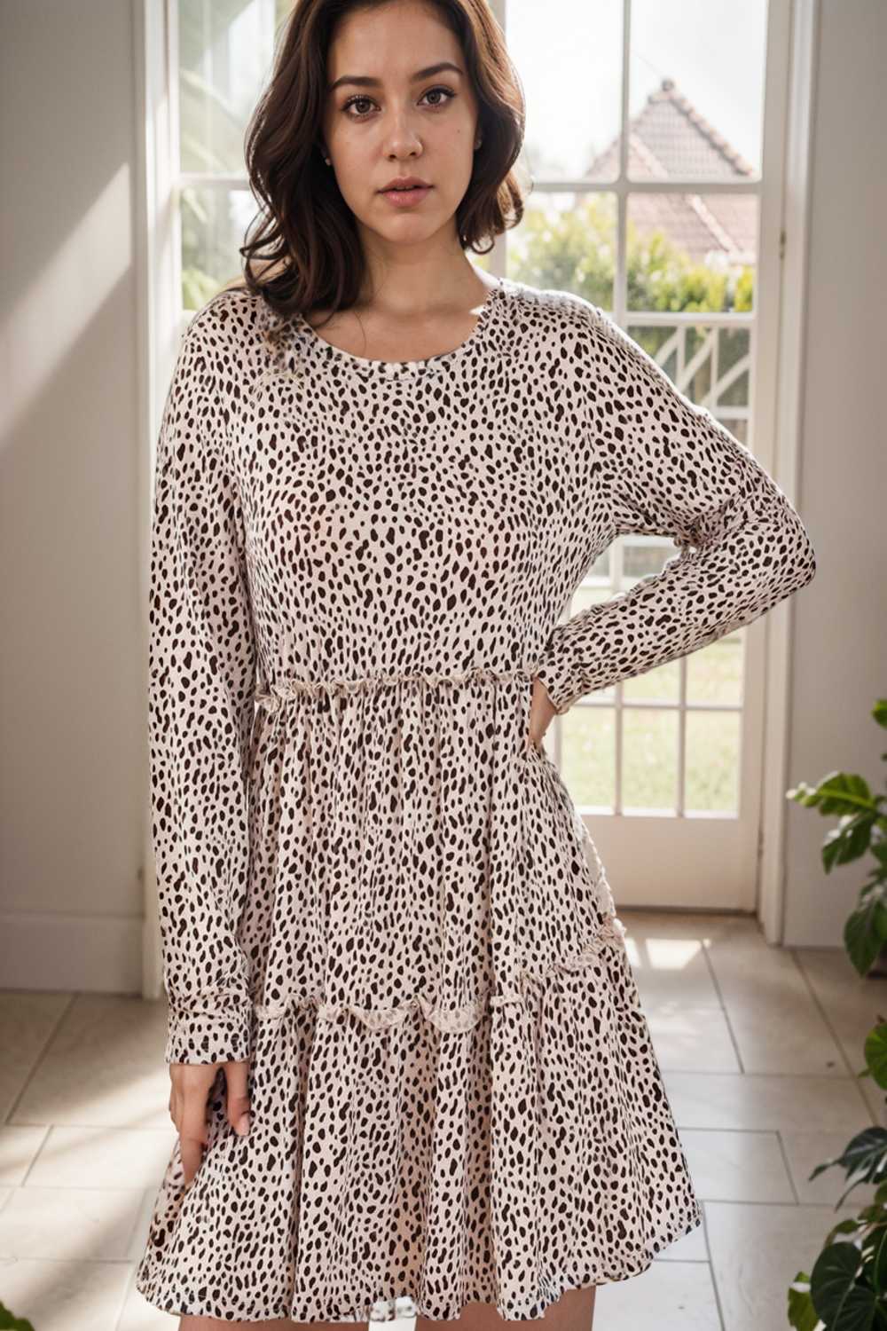 loose leopard print v neck dress drop shoulder a line closed cape paneled 133202