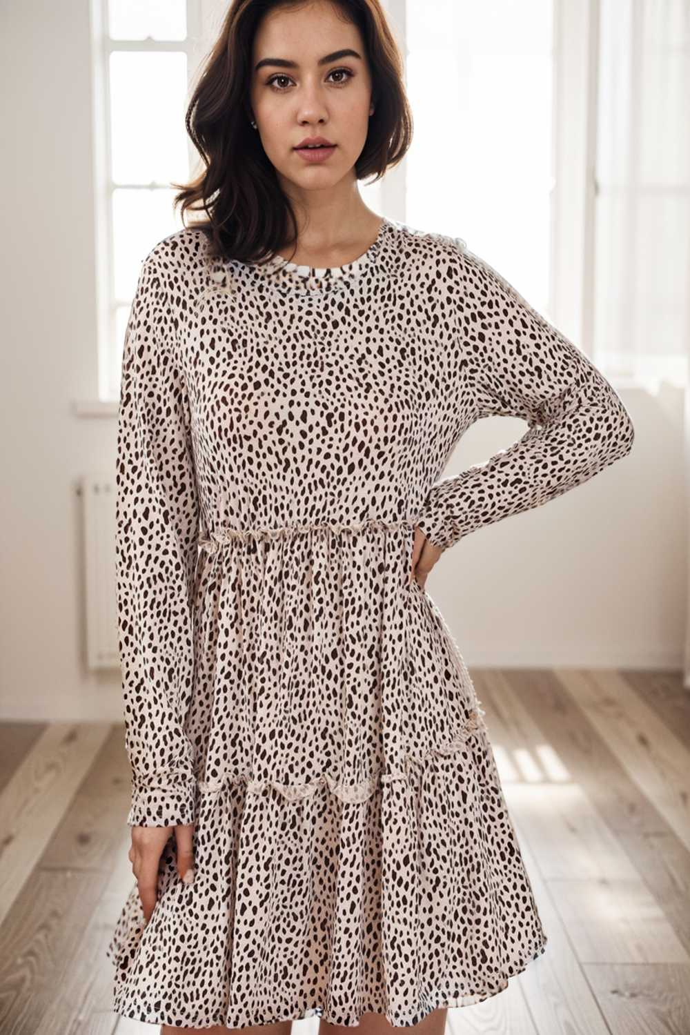loose leopard print v neck dress drop shoulder a line closed cape paneled 127201