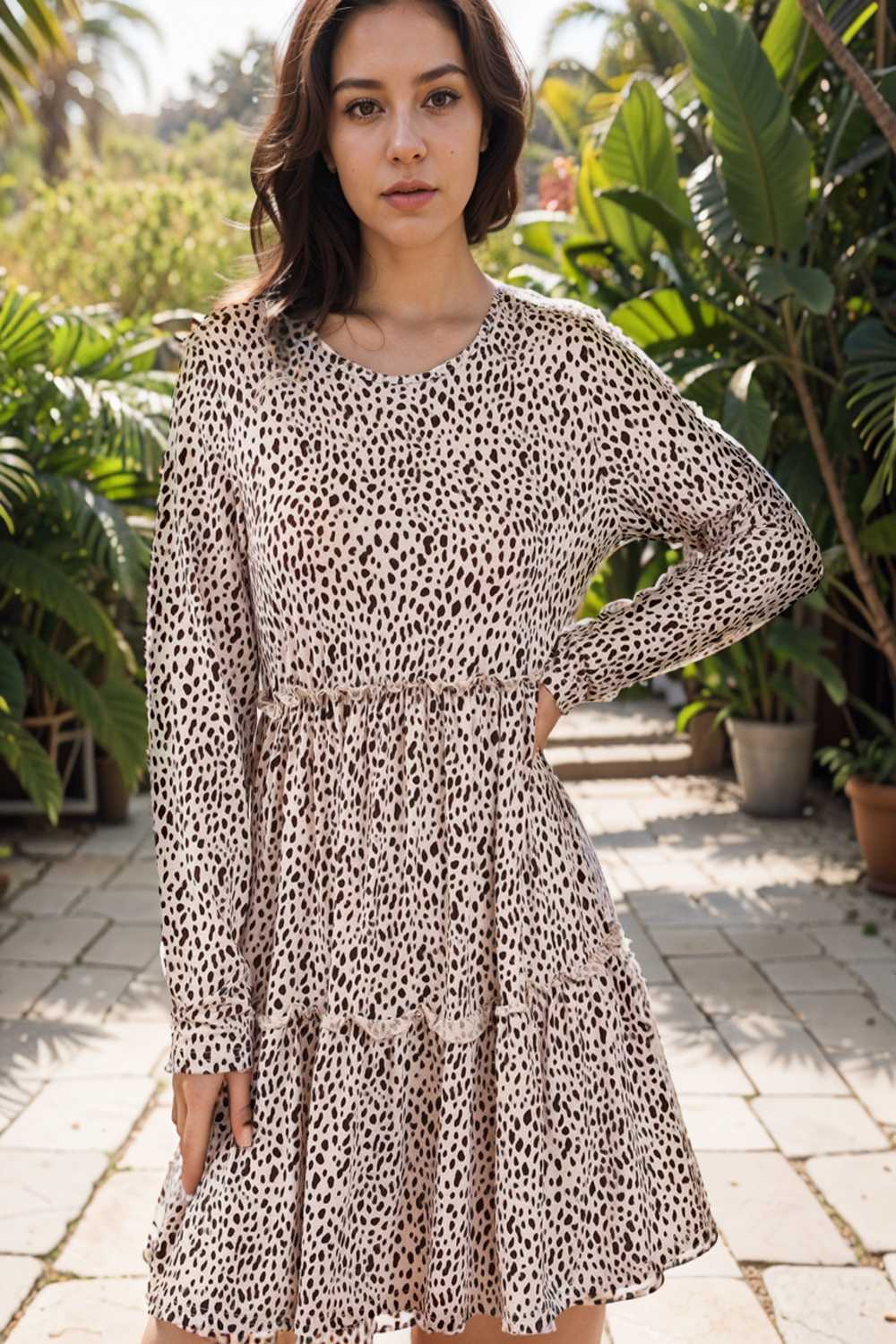 loose leopard print v neck dress drop shoulder a line closed cape paneled 118070