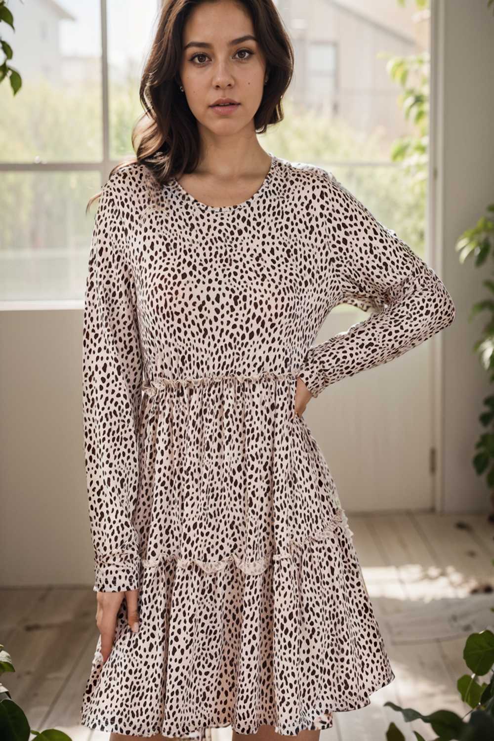 loose leopard print v neck dress drop shoulder a line closed cape paneled 118069