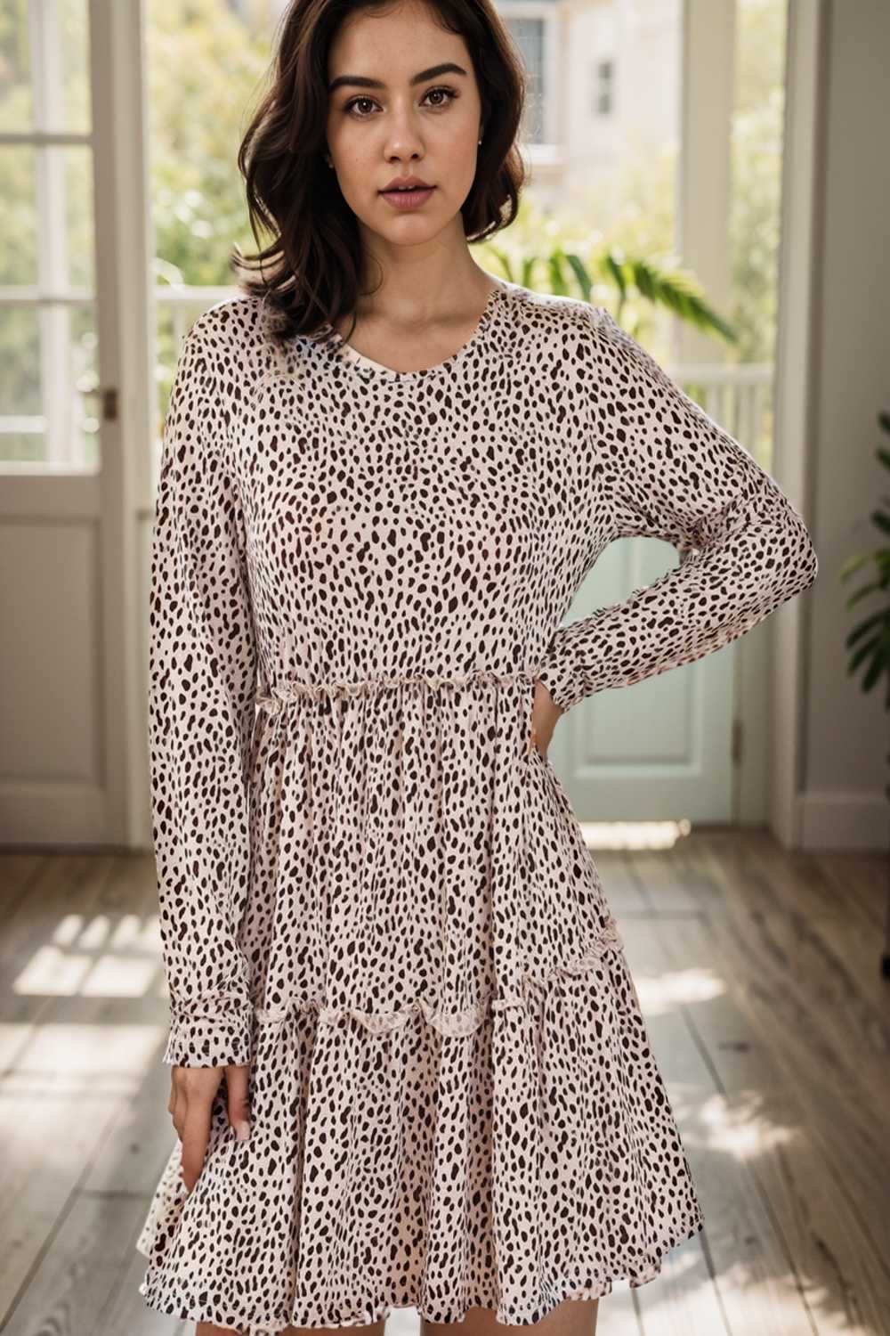 loose leopard print v neck dress drop shoulder a line closed cape paneled 127200
