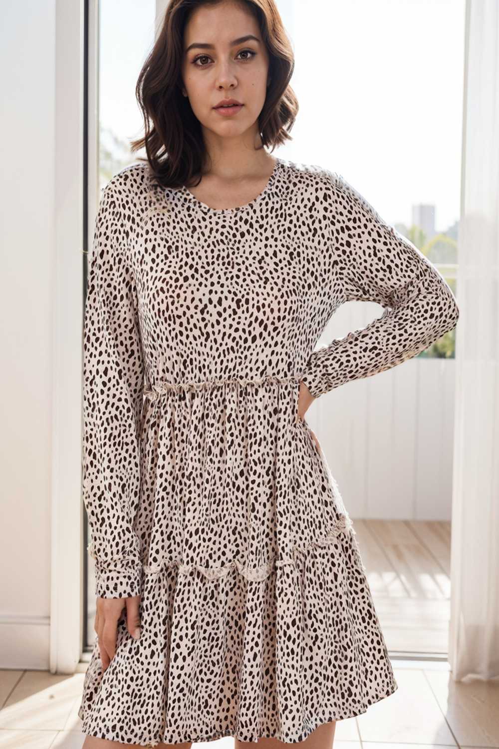 loose leopard print v neck dress drop shoulder a line closed cape paneled 118068