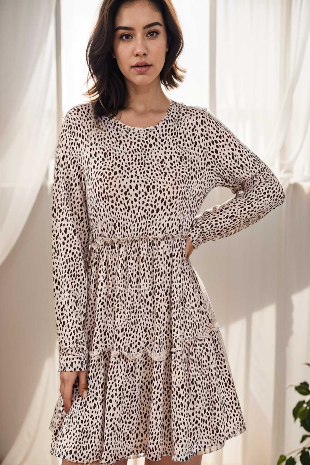 loose leopard print v neck dress drop shoulder a line closed cape paneled 127199