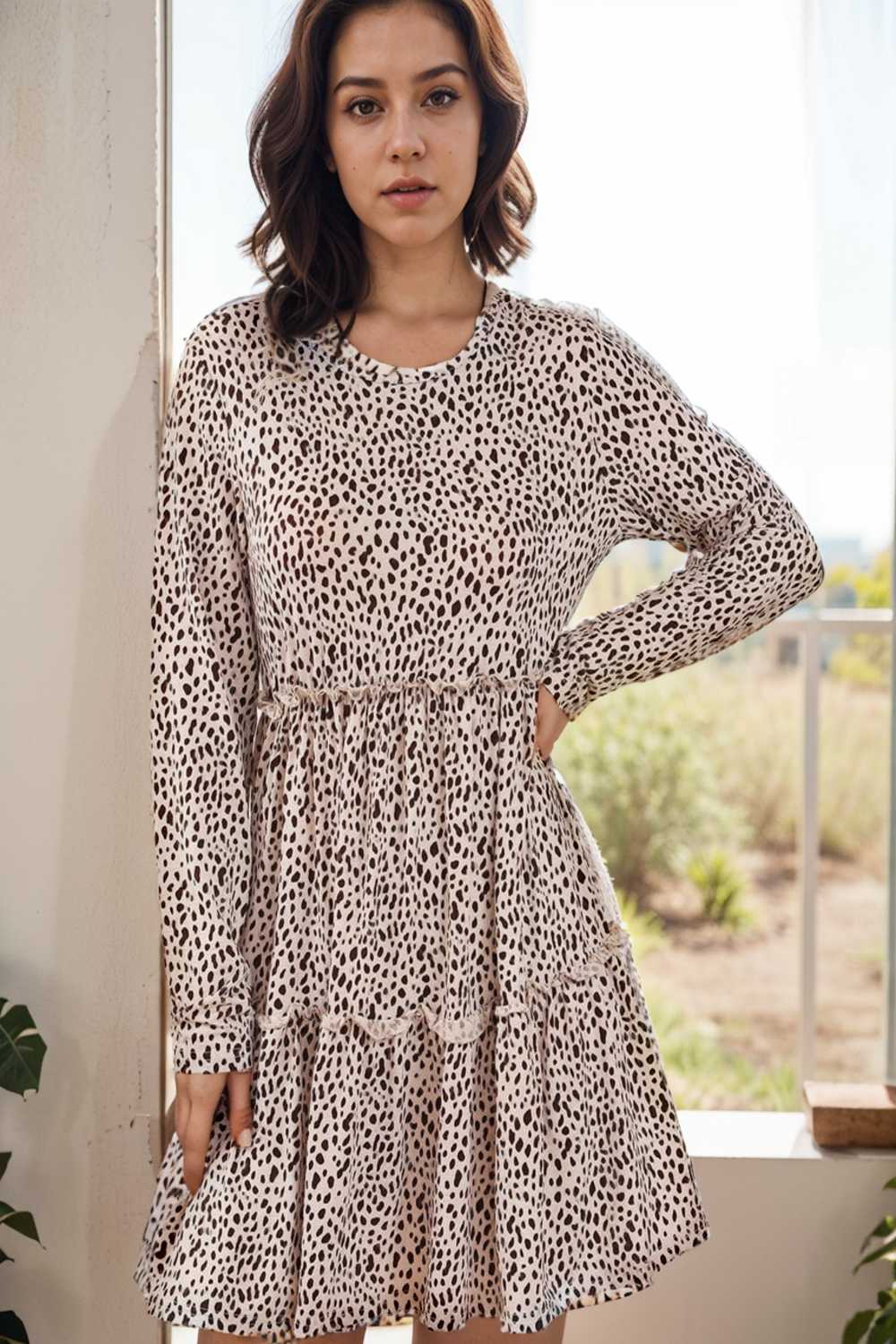 loose leopard print v neck dress drop shoulder a line closed cape paneled 118067