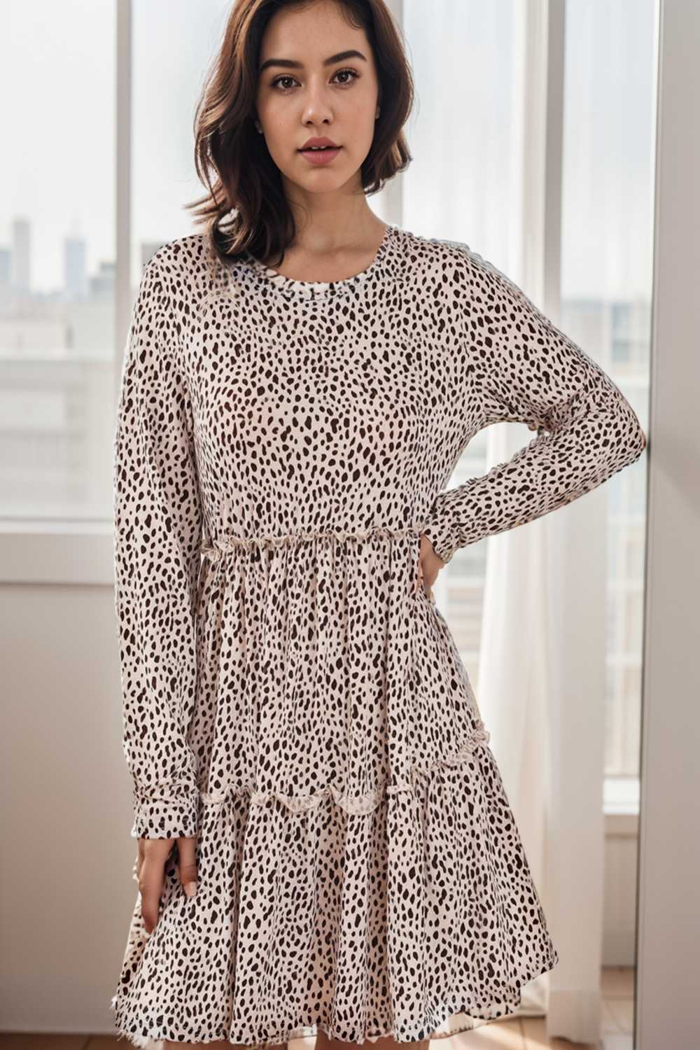 loose leopard print v neck dress drop shoulder a line closed cape paneled 127198