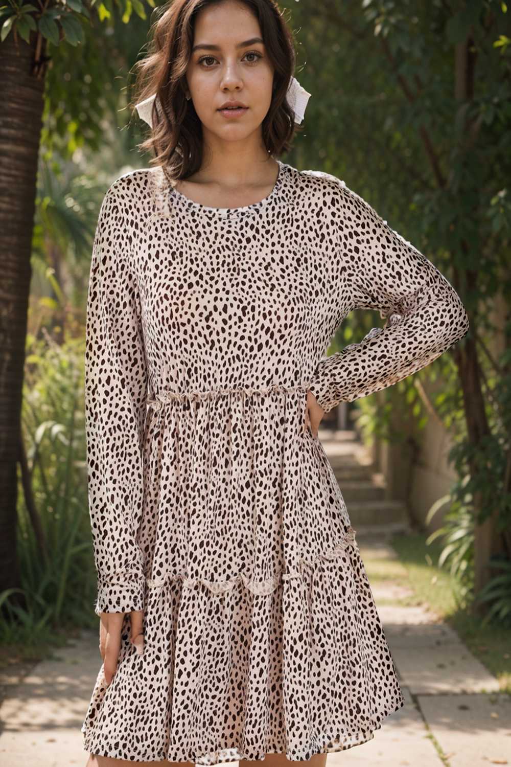 loose leopard print v neck dress drop shoulder a line closed cape paneled 115583