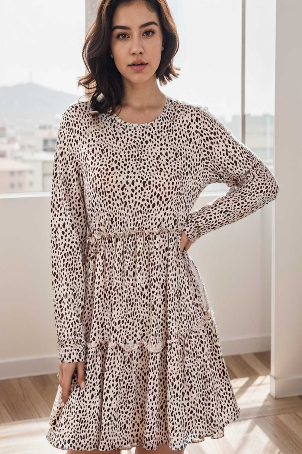 loose leopard print v neck dress drop shoulder a line closed cape paneled 127197