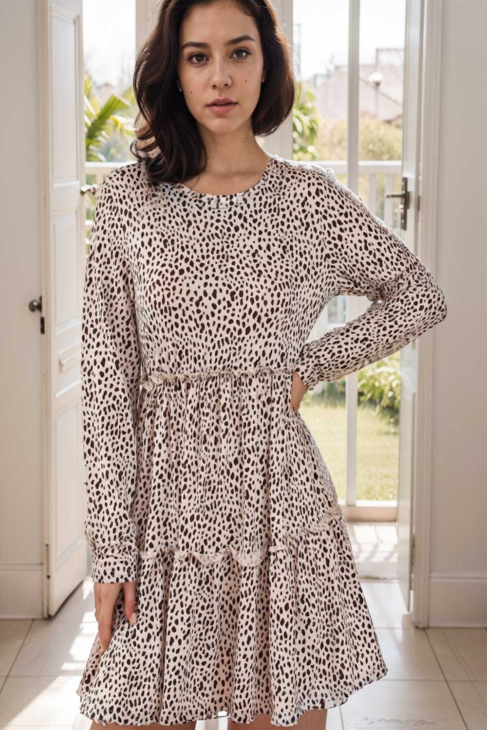 loose leopard print v neck dress drop shoulder a line closed cape paneled 117639