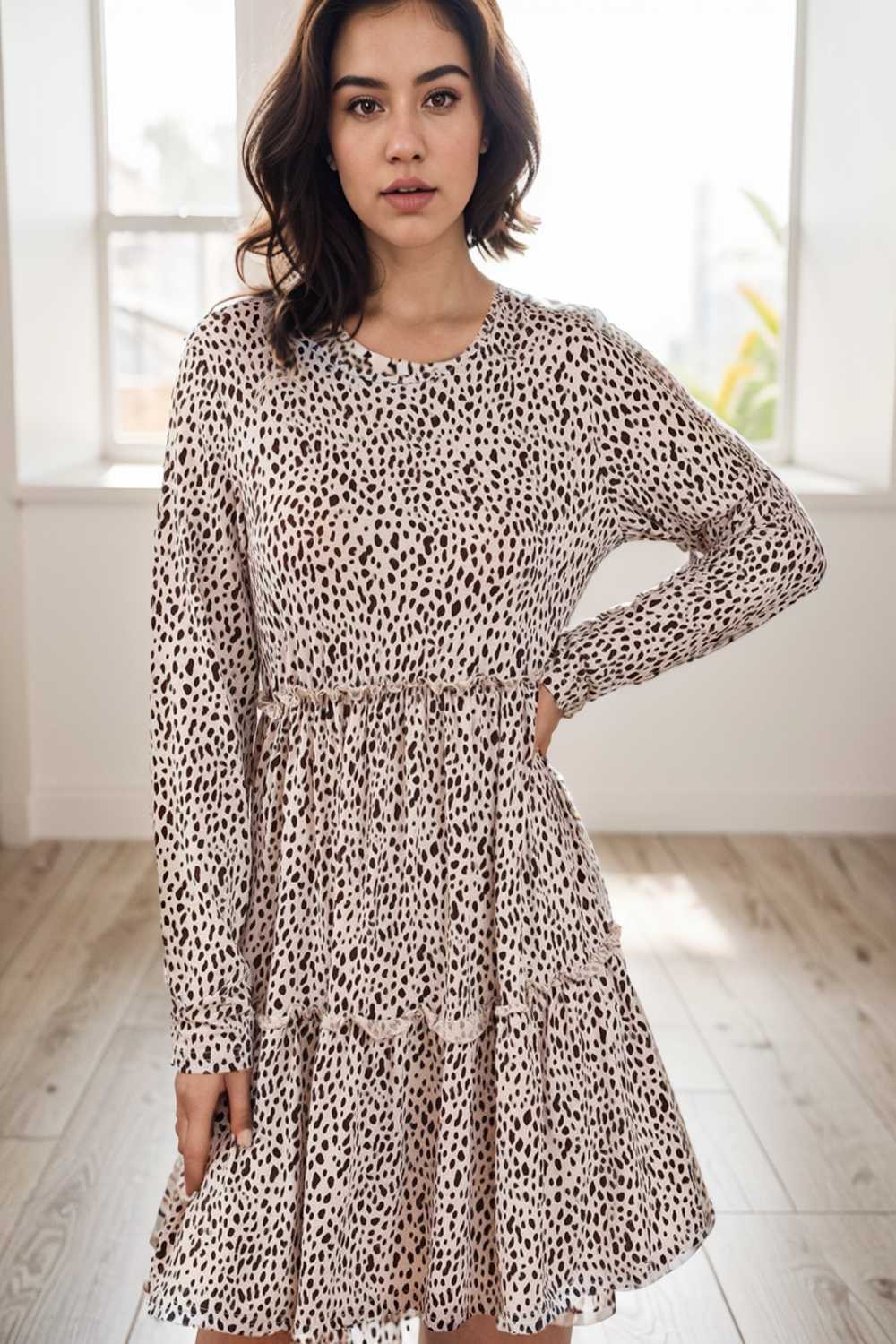 loose leopard print v neck dress drop shoulder a line closed cape paneled 127196