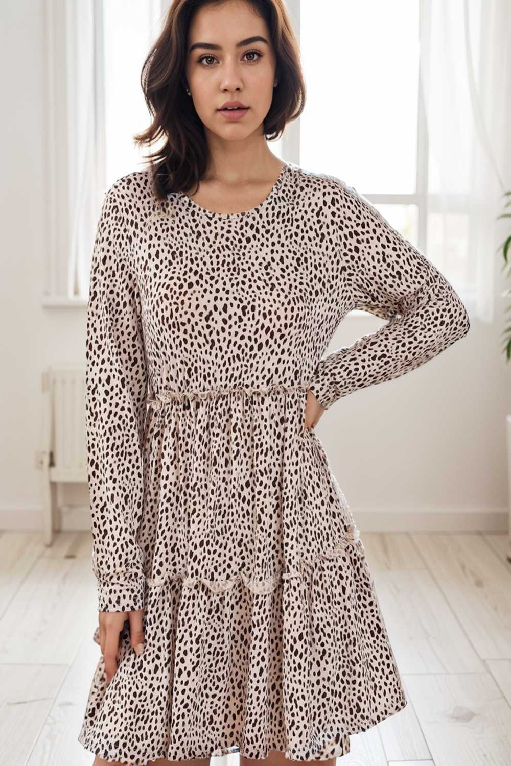 loose leopard print v neck dress drop shoulder a line closed cape paneled 127195