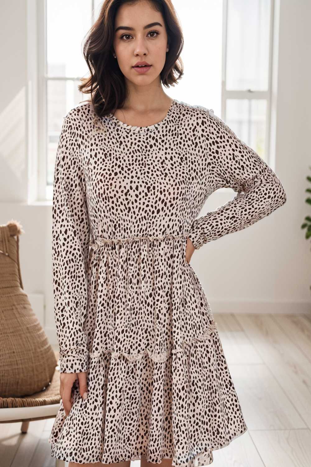 loose leopard print v neck dress drop shoulder a line closed cape paneled 127194