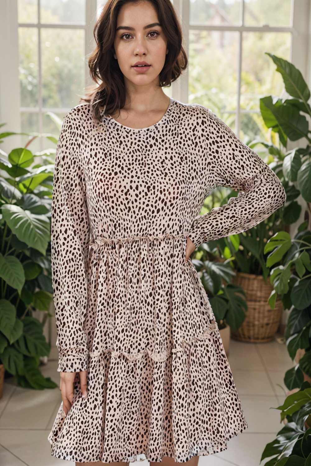 loose leopard print v neck dress drop shoulder a line closed cape paneled 127193