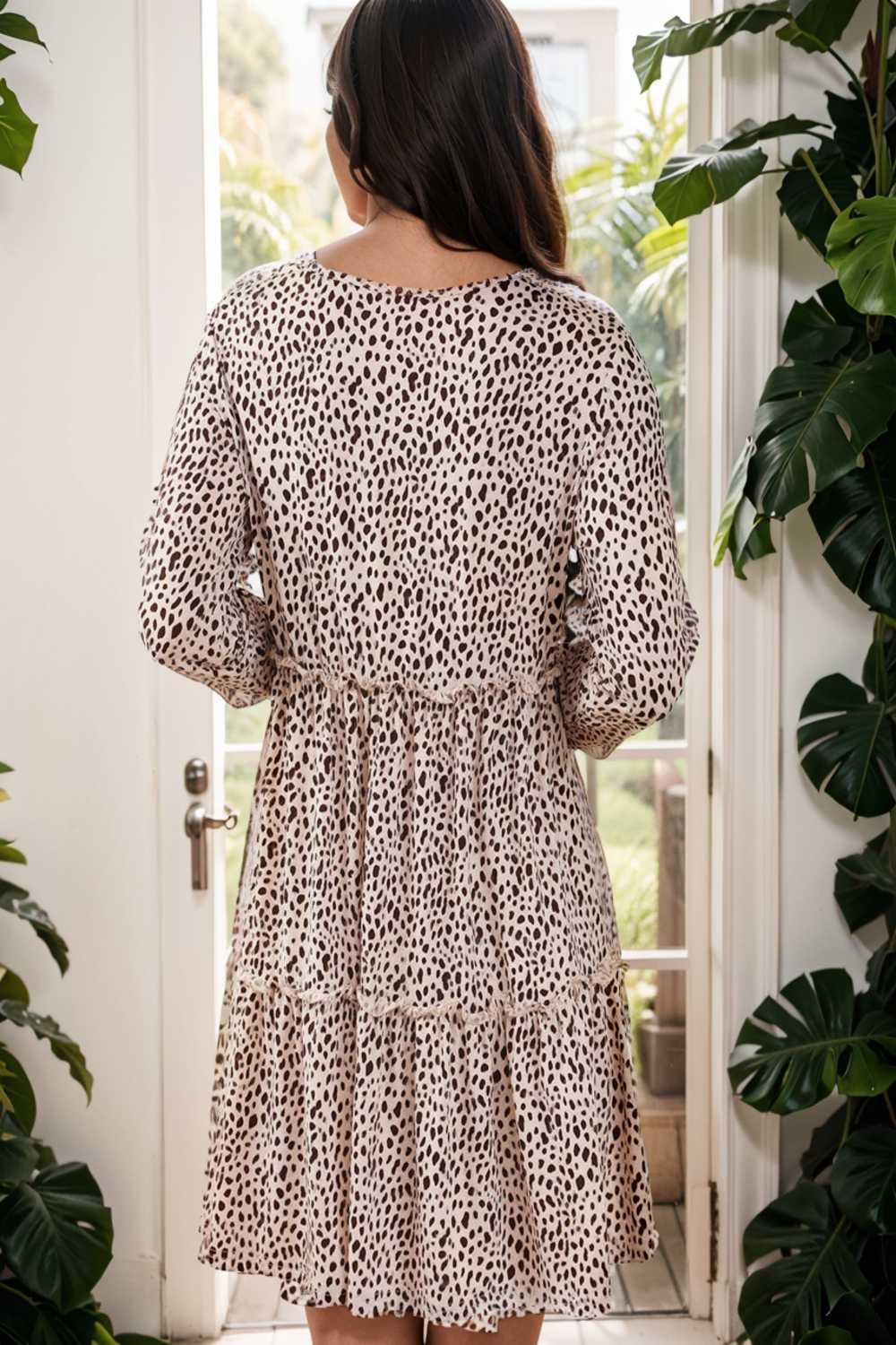 loose leopard print v neck dress drop shoulder a line closed cape paneled 127190