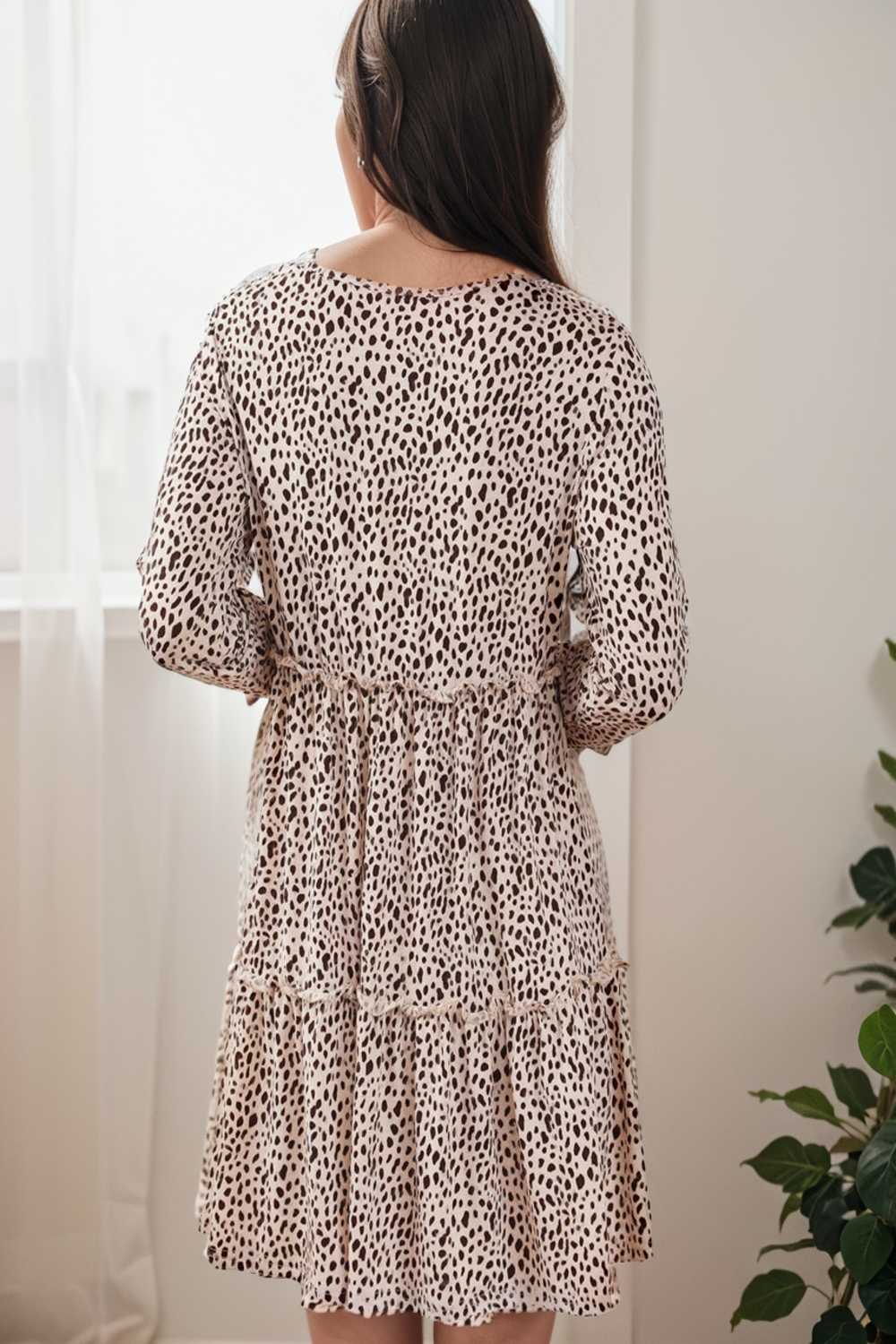 loose leopard print v neck dress drop shoulder a line closed cape paneled 127561
