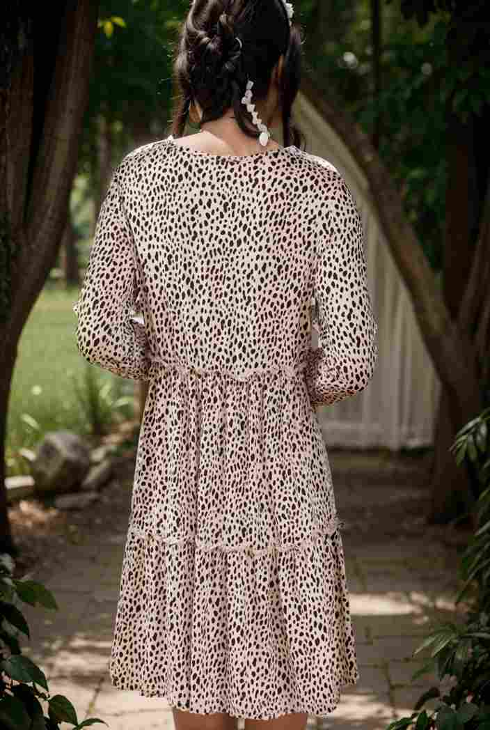 loose leopard print v neck dress drop shoulder a line closed cape paneled 131193