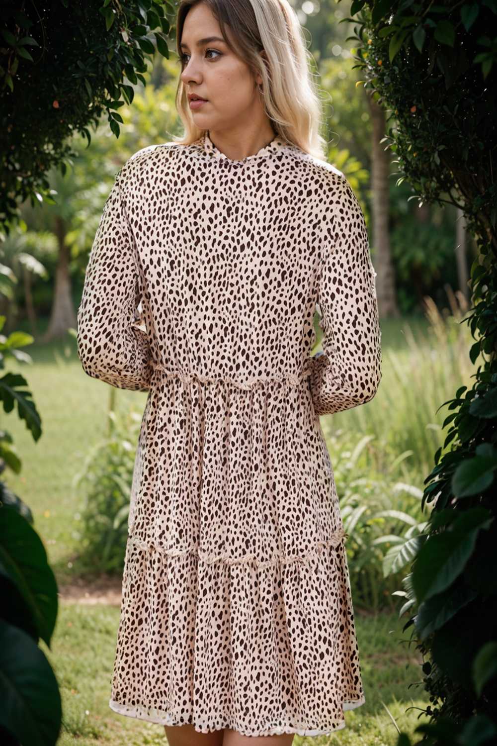 loose leopard print v neck dress drop shoulder a line closed cape paneled 130064