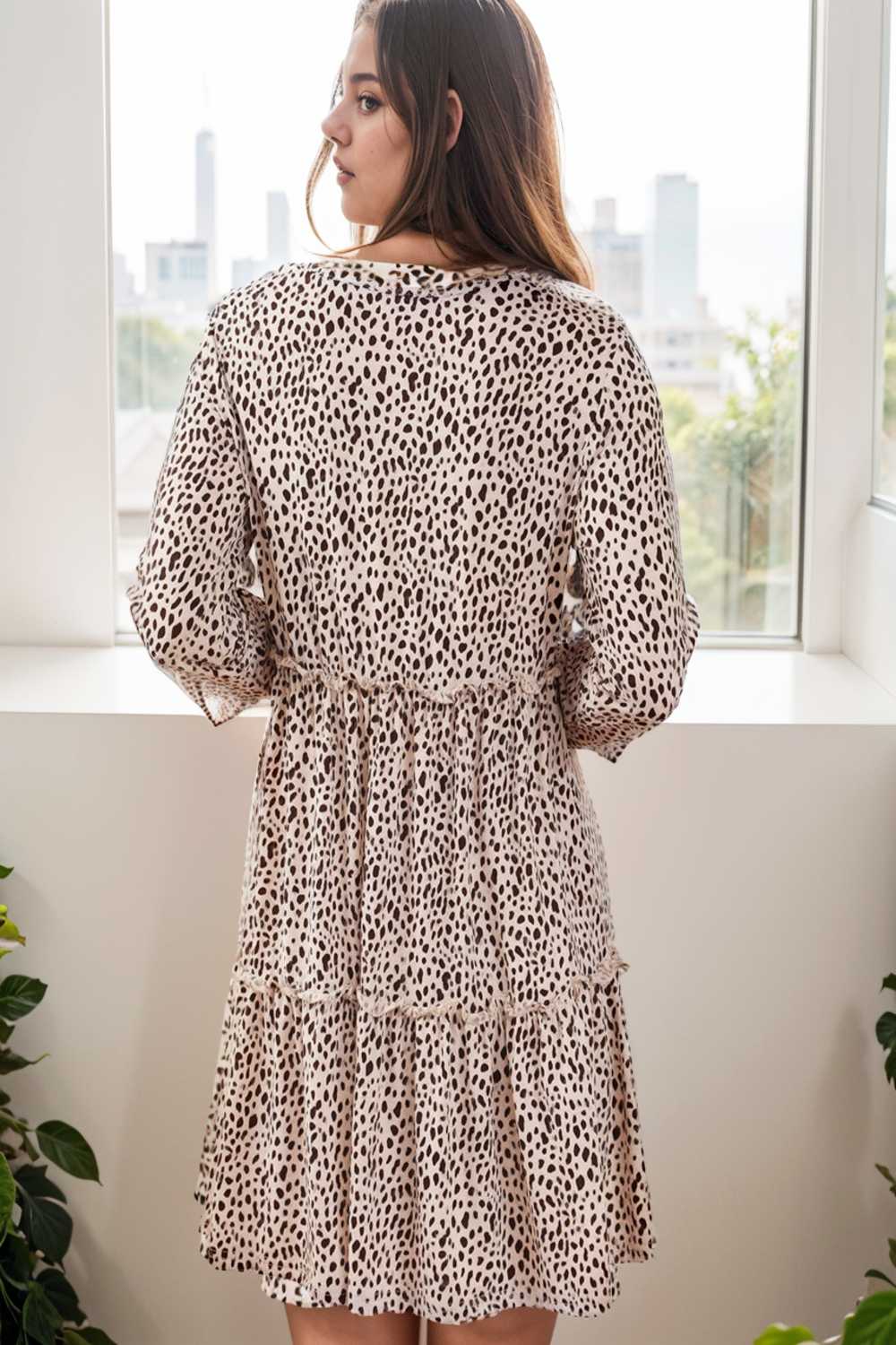 loose leopard print v neck dress drop shoulder a line closed cape paneled 115582