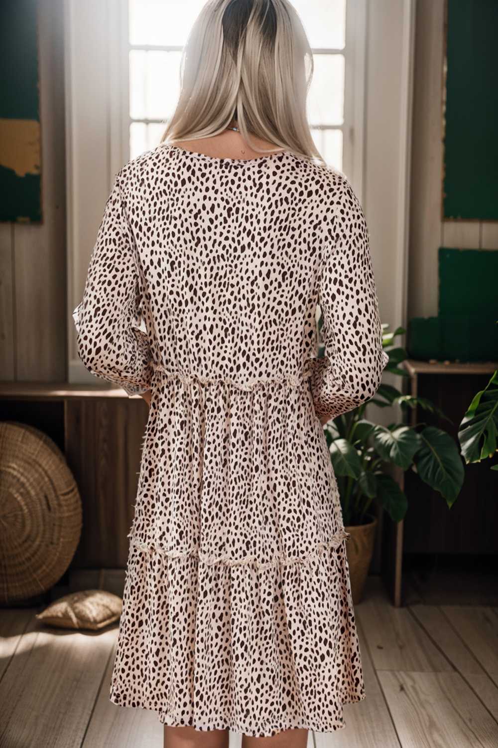 loose leopard print v neck dress drop shoulder a line closed cape paneled 112818