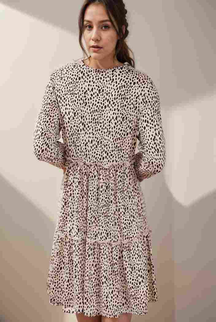 loose leopard print v neck dress drop shoulder a line closed cape paneled 118816