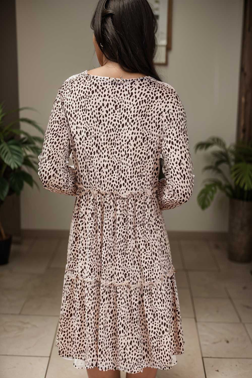 loose leopard print v neck dress drop shoulder a line closed cape paneled 142077
