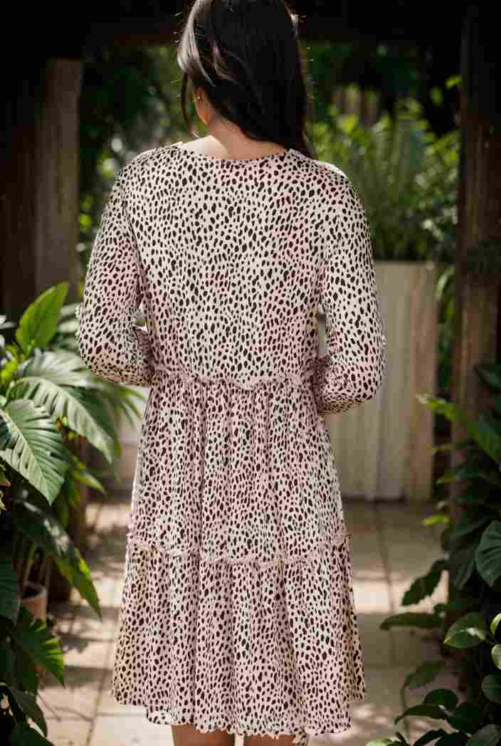 loose leopard print v neck dress drop shoulder a line closed cape paneled 118815