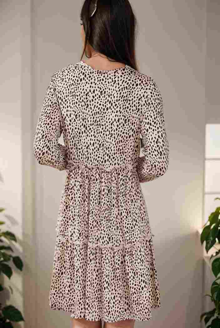 loose leopard print v neck dress drop shoulder a line closed cape paneled 131192