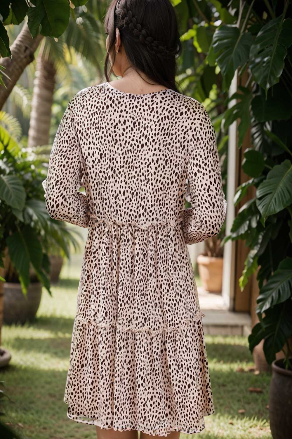loose leopard print v neck dress drop shoulder a line closed cape paneled 127560
