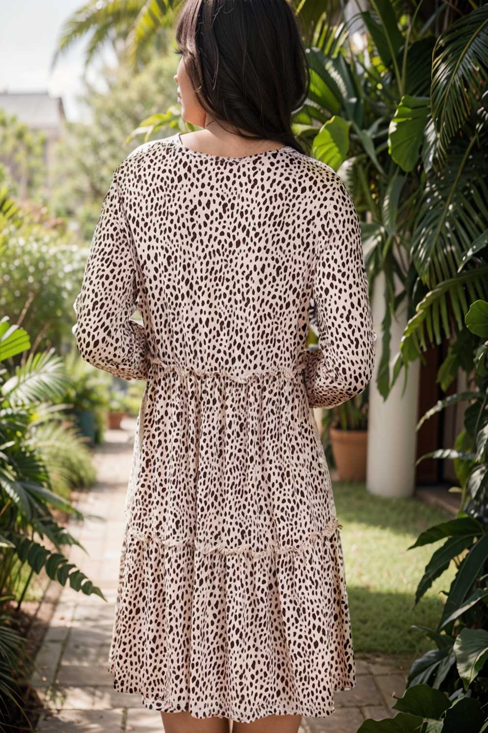 loose leopard print v neck dress drop shoulder a line closed cape paneled 133199